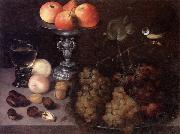 Georg Flegel Still life of grapes on a pewter dish,together with peaches,nuts,a glass roemer and a silver tazza containing apples and pears,and a blue-tit china oil painting artist